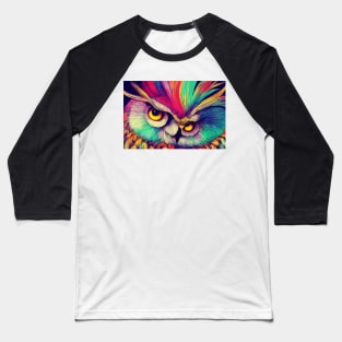 Colorful Abstract Owl Portrait Illustration - Bright Vibrant Colors Bohemian Style Feathers Psychedelic Bird Animal Rainbow Colored Art Baseball T-Shirt